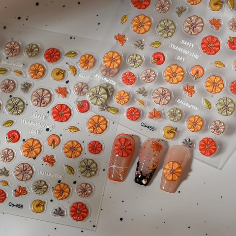 Halloween Thanksgiving Nail Stickers 3D Embossed Pumpkin Maple Leaf Autumn Theme DIY Nail Art Decoration For Women