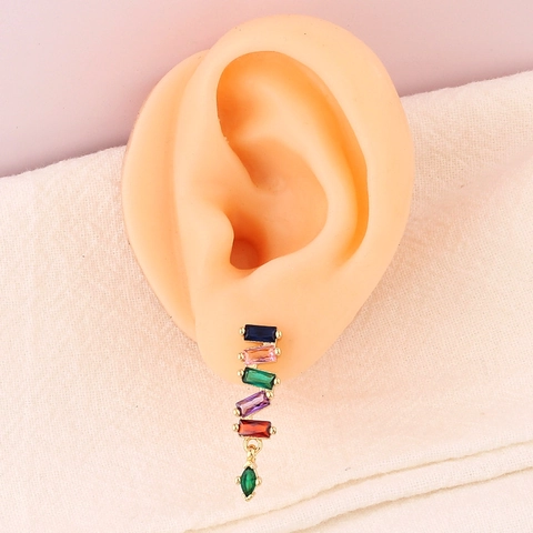 Colorful Zircon Dangle Earrings 18K Gold Plated Brass Geometric Rectangular Marquise Cut Fresh Sweet Jewelry For Women