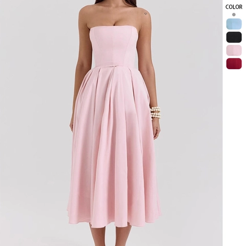 Strapless Boned Midi Dress Polyester Slim Fit Backless Flare Pleated Evening Party Formal Wear For Women