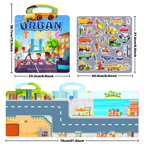 Urban Traffic Reusable Jelly Sticker Book For Kids Toddlers Waterproof Portable Handle DIY Educational Toy Boys Girls