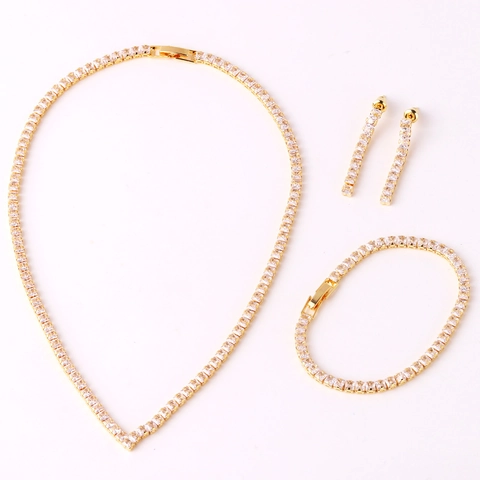 V Shape Cubic Zirconia Tennis Chain Necklace Bracelet Earrings Copper Gold Plated Square Cut Jewelry For Women