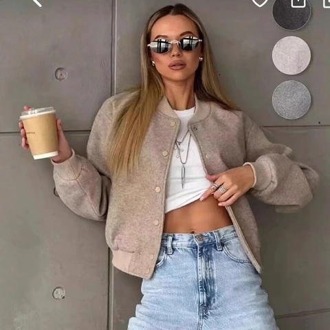 Women Tweed Bomber Jacket Short Single Breasted Casual Round Neck Long Sleeve Ribbed Trim Soft Outwear