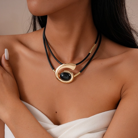 Vintage Gothic Double Layer Black Rope Necklace Bracelet And Earrings For Women Iron Metal Spiral Pendant Black Oval Stone