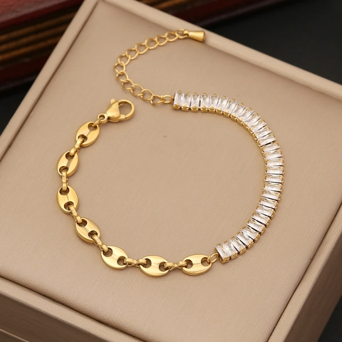 Stainless Steel Jewelry Gold Plated Coffee Bean Chain Rectangular Zircon Necklace Bracelet And Earrings For Women