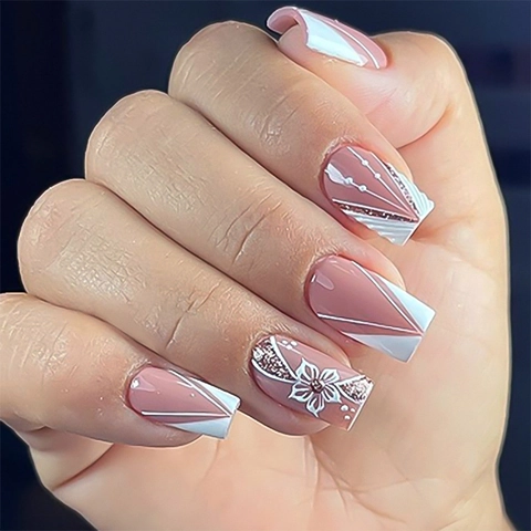 Press On Nagels 3D Bloem Ontwerp French Tip Roze Wit Geometrisch Glitter Coffin Vorm Kunstnagels Voor Dames
