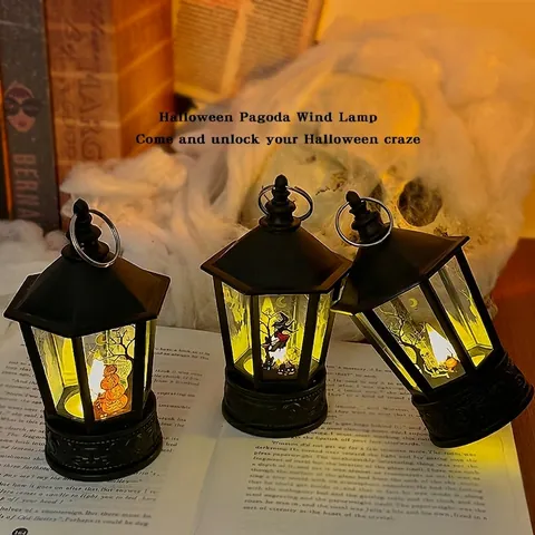 Halloween Linterna LED Decorativa Retro Pagoda Luz De Noche Colgante Brillo Amarillo Cálido Plástico Bruja Calabaza Esqueleto Fiesta