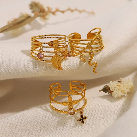 Stainless Steel Multi-layer Open Ring For Women Gold Plated Cross Snake Leaf Pendant Rhinestone Adjustable Fashion Ring