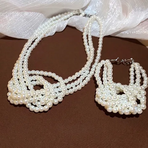 Elegante Collana E Bracciale In Künstliche Perle Di Vetro Multistrato Design A Nodo Stile Palazzo Gioielli Retrò Per Donna Bianco