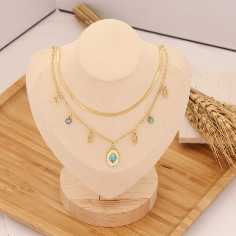 Double Layer Necklace Stainless Steel Turquoise Flower Lightning Zircon Pendant Bohemian Retro Western Jewelry For Women