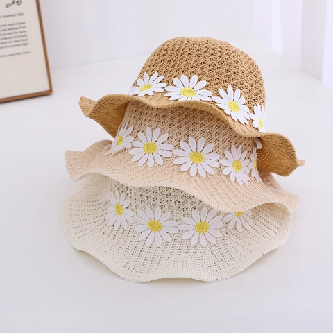 Kids Girl Straw Sun Hat Daisy Floral Lace Bowknot Summer Beach Bucket Hat Breathable Wide Brim Outdoor Hat For Toddler Girls