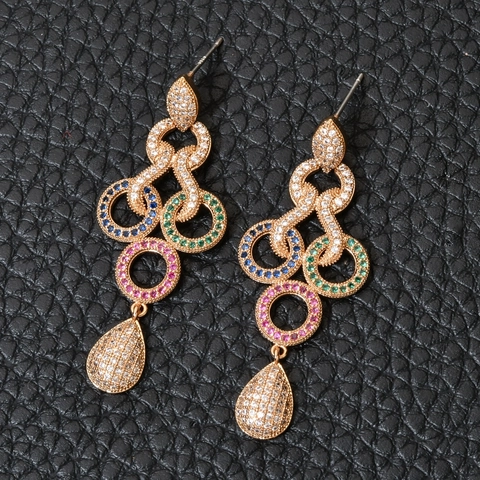 Geometric Interlocking Rings Drop Earrings Multicolored Zirconia Copper Jewelry With Silver Earring Post Elegant Women Party
