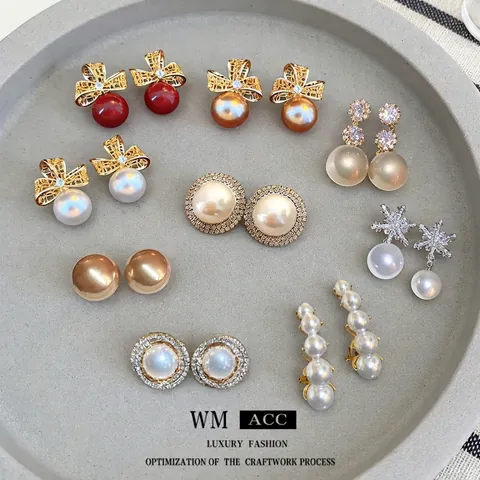 Artificial Pearl Earrings With Silver Earring Post Zircon Inlaid Alloy Enamel Vintage French Luxury Style Jewelry For Women