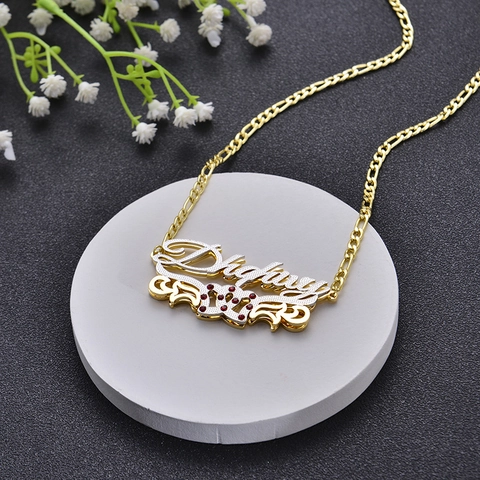 Collier En Acier Inoxydable Or Et Argent Couronne Plaque De Nom Avec Strass Rouge Chaîne Figaro Pour Femmes Filles Style Vintage