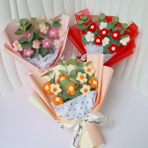 Handmade Crochet Knitted Flower Bouquet Yarn Puff Flowers Faux Eucalyptus Leaves Gift For Valentine Mother Day Teacher