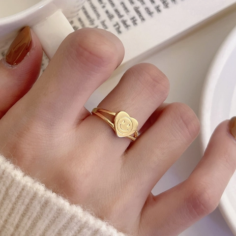 925 Sterling Silver Heart Smiley Face Open Ring Adjustable Minimalist Korean Style Finger Jewelry For Women Gold Plated