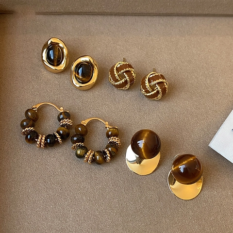 Kupfer Tigerauge Stein Perlen Ohrringe Mit Silver Earring Post Vintage Runde Reifen Retro Schmuck Für Frauen