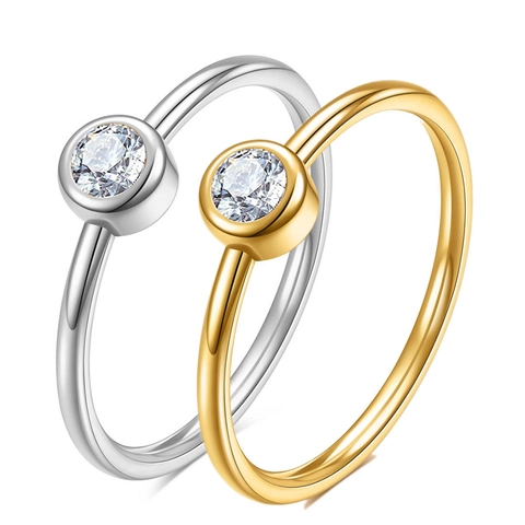 Simple Solitaire Ring 304 Stainless Steel 18K Gold Plated Round Cubic Zirconia Inlaid Minimalist Band For Couples Lovers