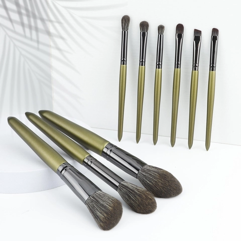 Brochas De Maquillaje Profesionales Cerdas Fibra Sintética Mango Madera Verde Oliva Metálico Polvos Base Sombra Ojos