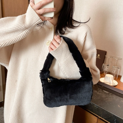 Borsa da Spalla Sottoascellare da Donna in Nylon e Peluche Artificiale Minimalista Urbano Tinta Unita Cuciture Cerniera Piccola