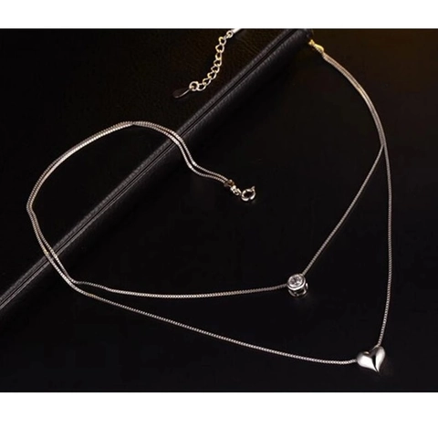 Collar de Doble Capa de Cobre de Estilo Coreano Con Colgantes de Corazón y Circonia Redonda Color Plata Joyería de Mujer