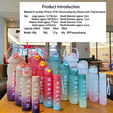Sports Water Bottles Plastic Gradient Color Leakproof Large Capacity Motivational With Straw For Gym Outdoor Fitness Adult