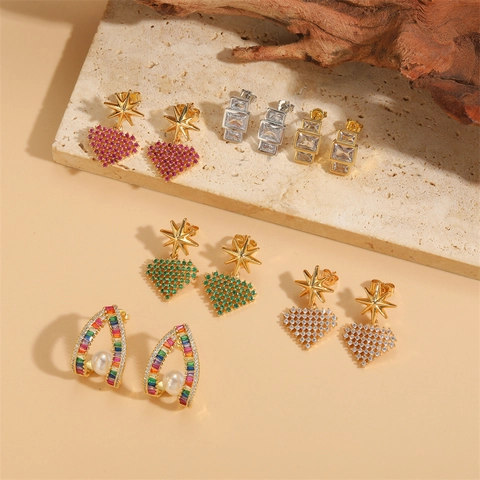 Copper Heart Star Stud Earrings With Rhinestone Artificial Pearl Inlaid Gold Plated Fashion Commute Jewelry For Women Elegant Earring