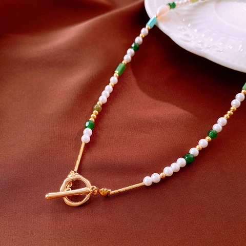 Retro Beaded Necklace For Women With Imitation Artificial Pearl And Agate Colorful Geometric Beads Alloy OT Buckle Clavicle Chain