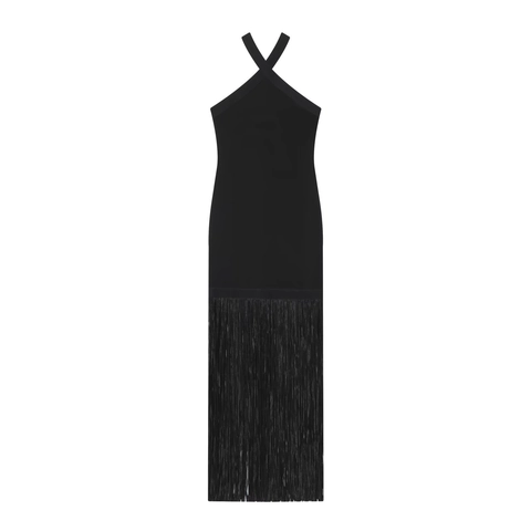 Damen Neckholder Maxi Kleid Elastisches Polyester Fransen Tassel Saum Ärmellos Elegant Bodycon Sexy Abendkleid