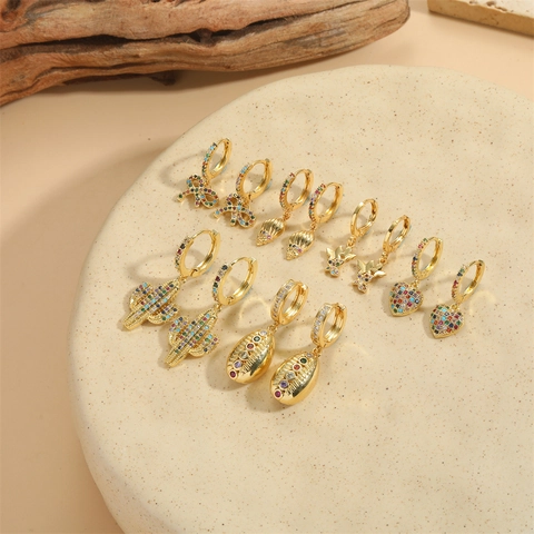 Orecchini a Cerchio in Zirconia con Fiocco Vintage Francese Cuore Colorato Conchiglia Cactus Orecchini Pendenti Gioielli in Rame Placcato Oro Donna