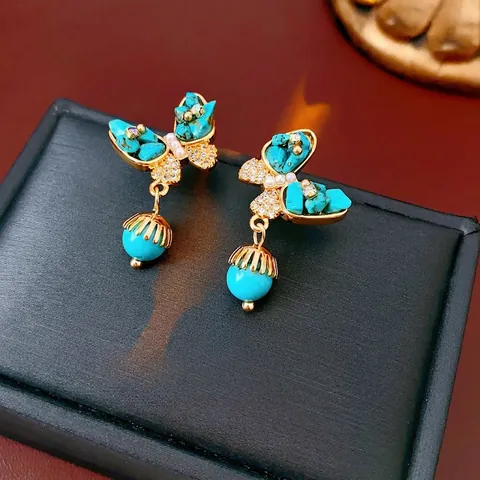Orecchini A Farfalla Vintage Lusso Turchese Zircone Perla Artificial Rame Placcato Oro Con Perno In Argento