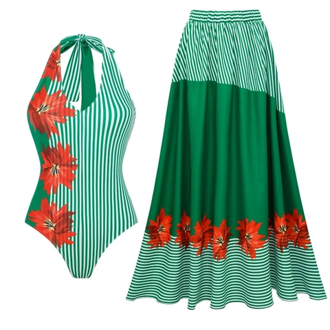 Costume Da Bagno Halter Da Donna Con Gonna O Pantaloni Coordinati Stampa Floreale Righe Verde Bianco Abbigliamento Mare