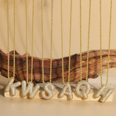 Initial Letter Pendant Necklace Gold Plated Copper Pavé Cubic Zirconia Hip Hop Streetwear Bubble Retro Jewelry Women