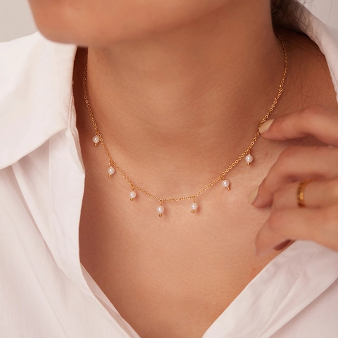 French Elegant Titanium Steel Pearl Pendant Necklace Gold Plated Minimalist Clavicle Chain For Women Jewelry Daily Neck Decor