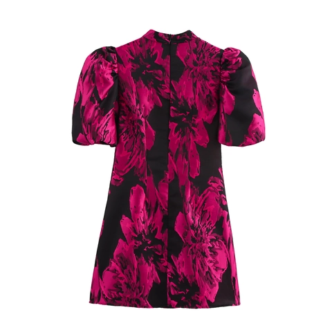 Abito Corto Jacquard Floreale Donna Elegante Vintage Maniche A Sbuffo Collo Alto Linea A Broccato Satin