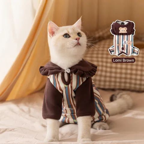 Striped Pet Jumpsuit Thermal Dralon Fabric Bear Embroidery Sailor Collar For Cats Dogs Post-Surgery Recovery Soft Warm