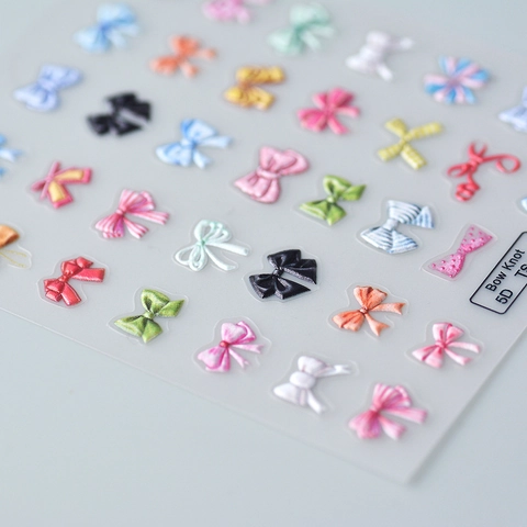 Strikje Nagelstickers 5D Stereoscopisch Reliëf Decals Kleurrijke Stippen Strepen Patronen Waterdicht DIY Manicure Decor