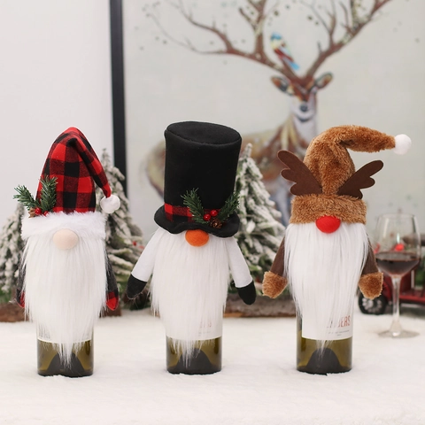 Christmas Wine Bottle Covers Gnome Nordic Faceless Plaid Antler Top Hat Fabric Plush Holiday Dining Table Decor