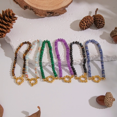 Natural Stone Beaded Bracelet Vintage 304 Stainless Steel Gold Plated Clasp Waterproof Hypoallergenic Jewelry For Women