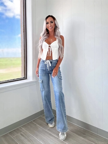 Jean Cargo Femme Taille Haute Jambe Droite Denim Lavé Coton Polyester Cordon Poches Multiples Style Streetwear