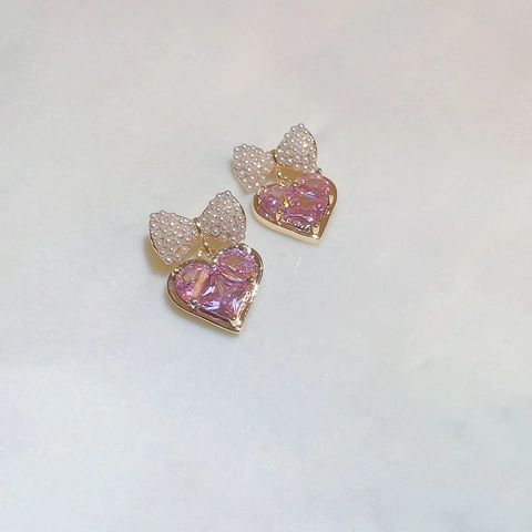Pink Heart Zircon Drop Earrings With Artificial Pearl Bowknot And 925 Sterling Silver Earring Post Sweet Elegant For Women