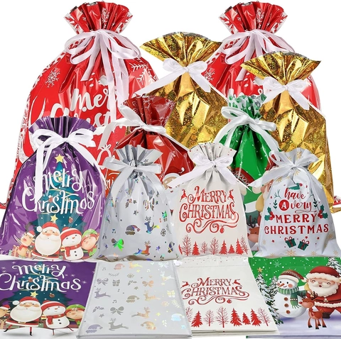 Christmas Drawstring Gift Bags Plastic Assorted Patterns Santa Reindeer Snowman Holiday Party Treats Candy Wrapping Novelty