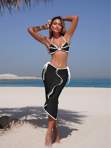 Top Bikini Halter Da Donna E Slip Sgambato E Gonna Sarong Lunga Con Volant Costume Da Bagno Da Spiaggia Contrastato