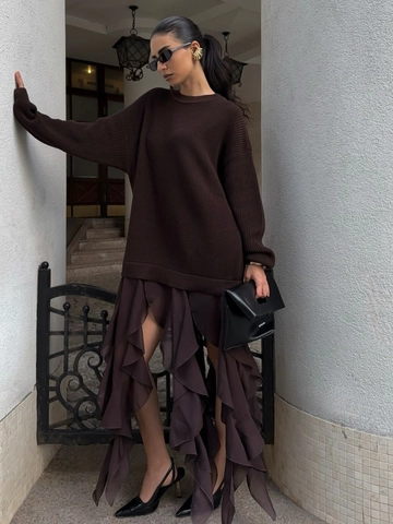 Pull En Tricot Et Jupe À Volants Pour Femmes Oversize Manches Longues Col Rond Irrégulier À Étages Streetwear Casual