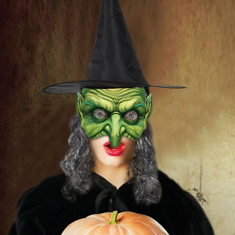 Costume Da Strega Di Halloween Maschera In Lattice Verde E Cappello A Punta Nero Con Parrucca Riccia Grigia Cosplay