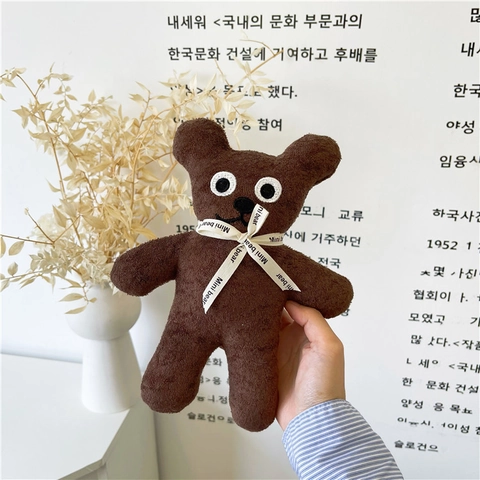 Cute Brown Teddy Bear Plush Toy Soft Stuffed Animal With Ribbon Bow Knot Decorative Soothing Doll For Home Room Decor