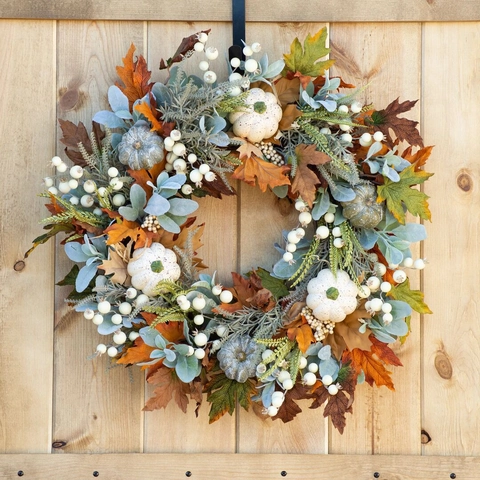 Artificial Autumn Wreath White Pumpkin Maple Leaves Berries Fall Halloween Thanksgiving Front Door Wall Home Decor