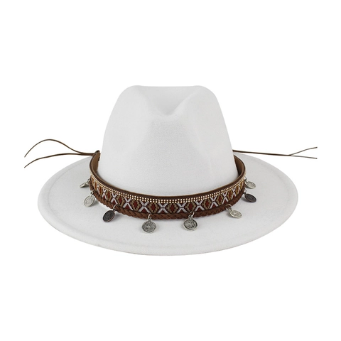 Chapeau Fedora Cowboy Ethnique Large Bord Style Feutre Laine Jazz Bande Tissée Pendentifs Pièces Métal Chapeau Soleil Femme Homme
