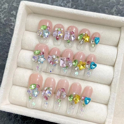 Handmade Press On Nails Pink Gradient Coffin Shape Colorful Rhinestone Zircon Faux Artificial Pearl Glitter Luxury Sparkly False Nails