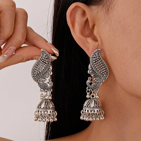 Peacock Jhumka Earrings With Silver Earring Post Retro Ethnic Bohemian Vintage Hollow Out Bell Tassel Jewelry For Women