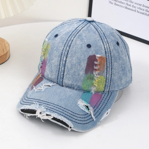 Berretto Da Baseball In Denim Distressed Cotone Lavato Con Patchwork Stile Streetwear Cappello Regolabile